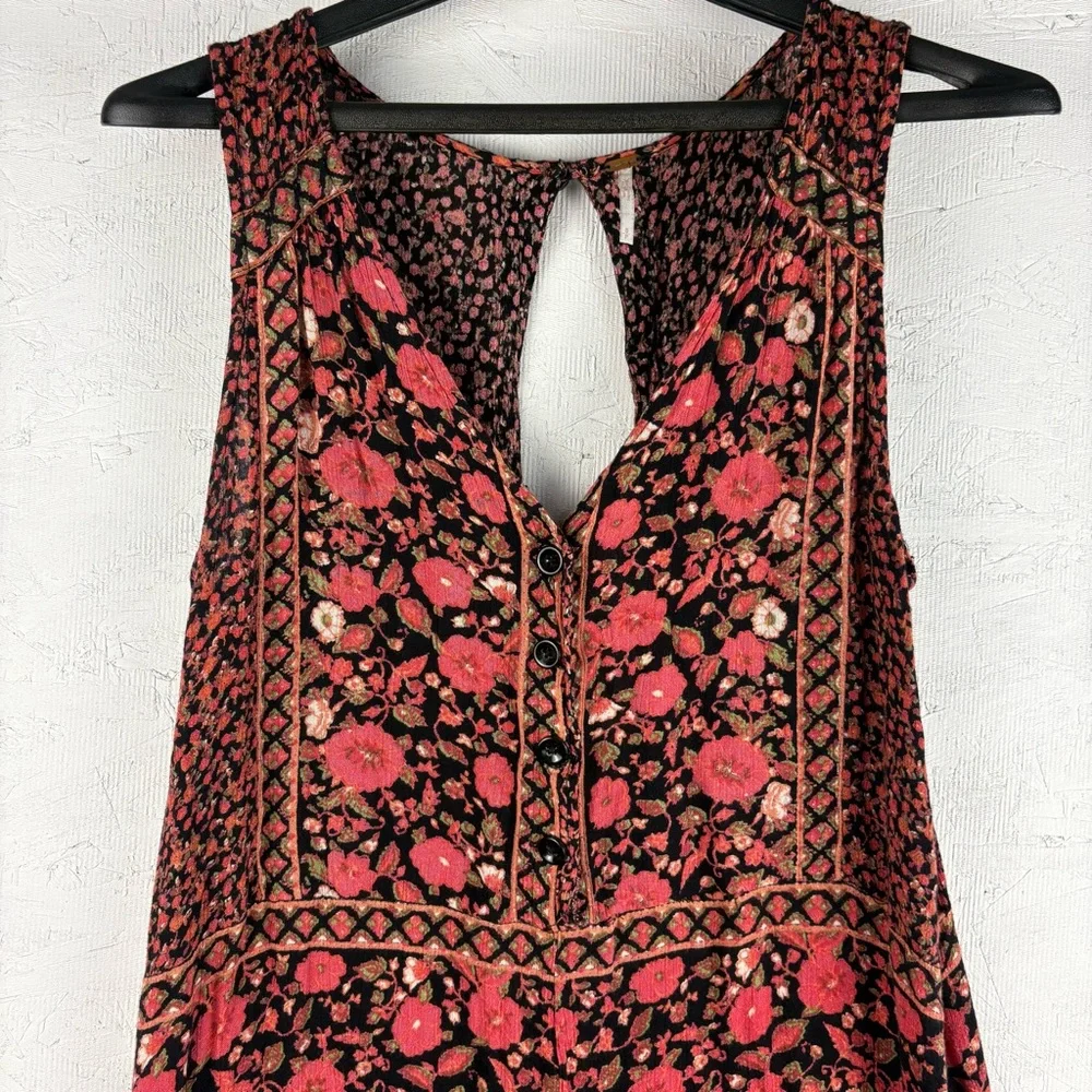 Free People Red Boho Pattern Jumpsuit with V-Neckline and Relaxed Fit Open Back - Picture 8 of 12